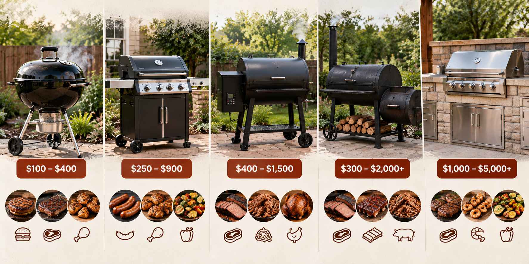 Infographic comparing charcoal, gas, pellet, offset smoker and built-in grills with prices and food examples.