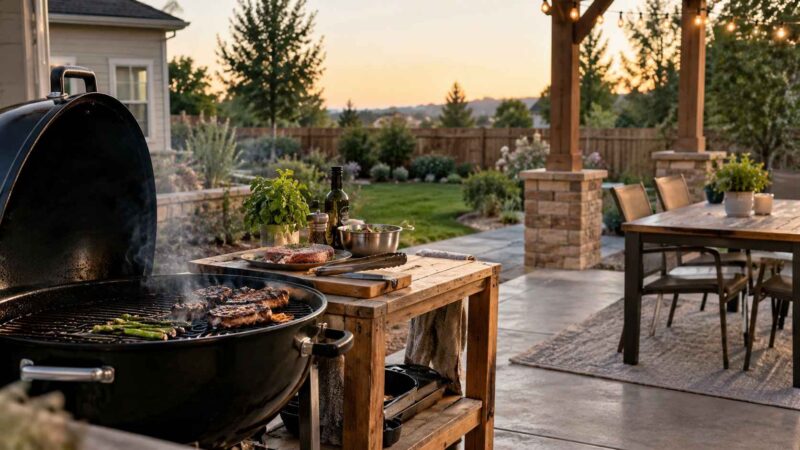 Backyard BBQ area with a charcoal grill, wooden prep table and patio dining furniture.