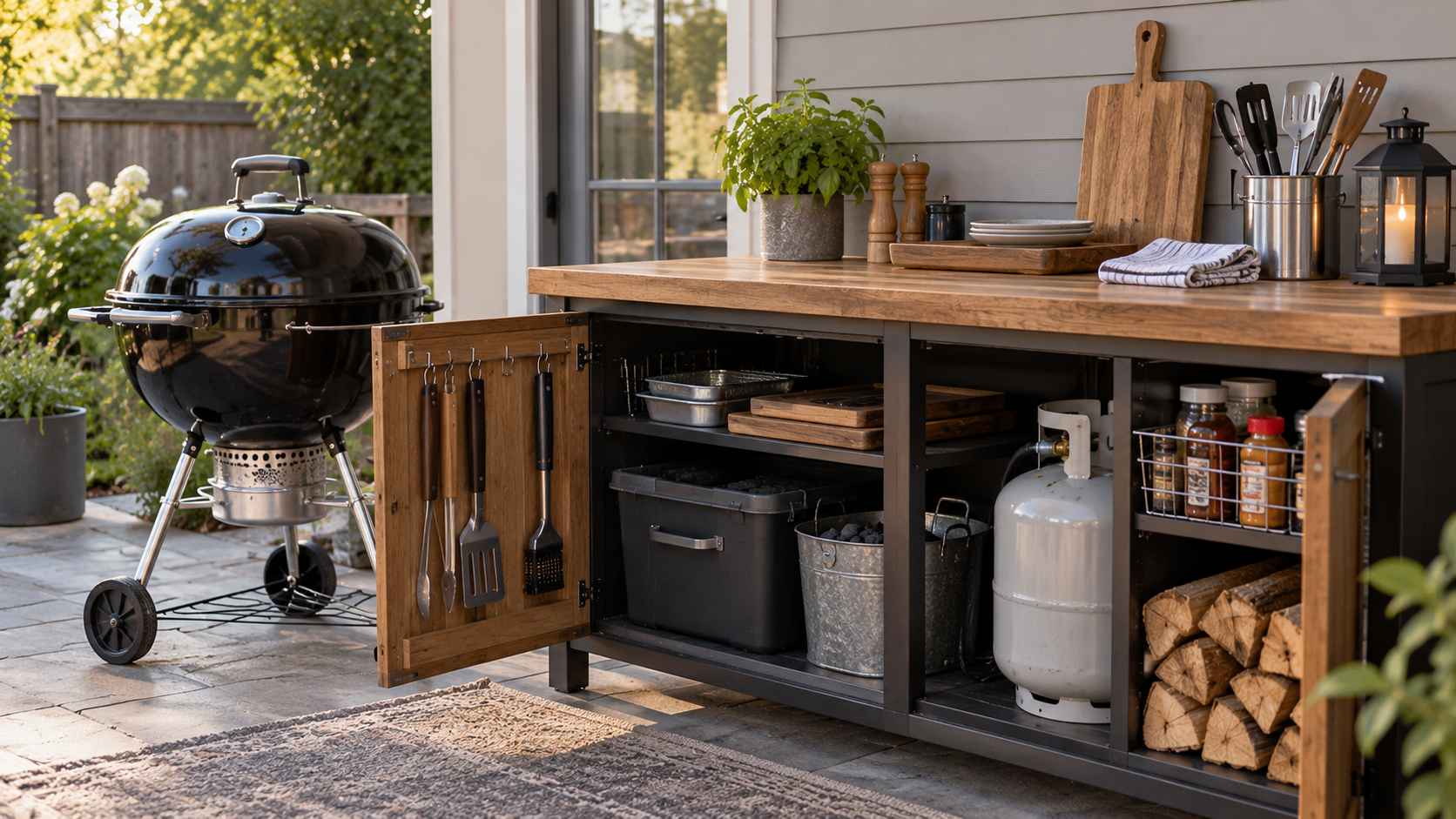 Outdoor BBQ storage cabinet with grilling utensils, charcoal, serving dishes and a kettle grill.