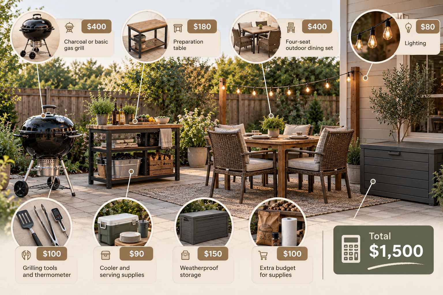Infographic showing a $1,500 backyard BBQ budget breakdown with equipment, furniture and accessory costs.