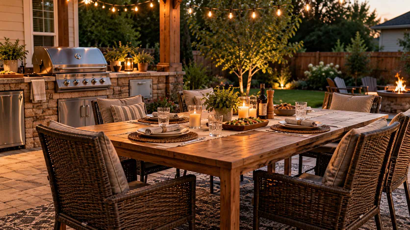 utdoor dining area with a wooden table, cushioned wicker chairs and a backyard BBQ grill.